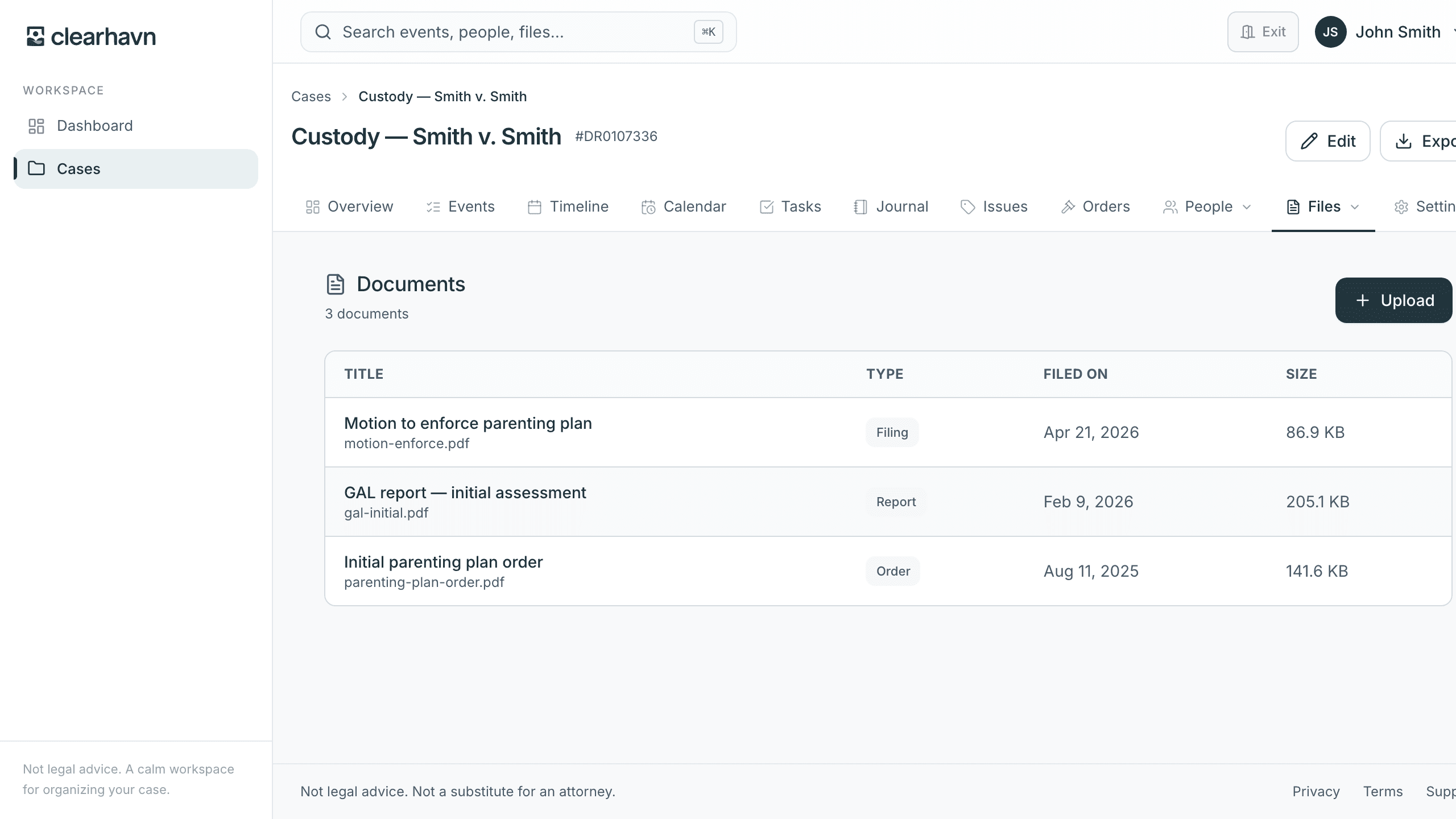 Clearhavn documents view showing court filings, orders, and GAL reports for a sample custody case — the kind of organized record an attorney would review.